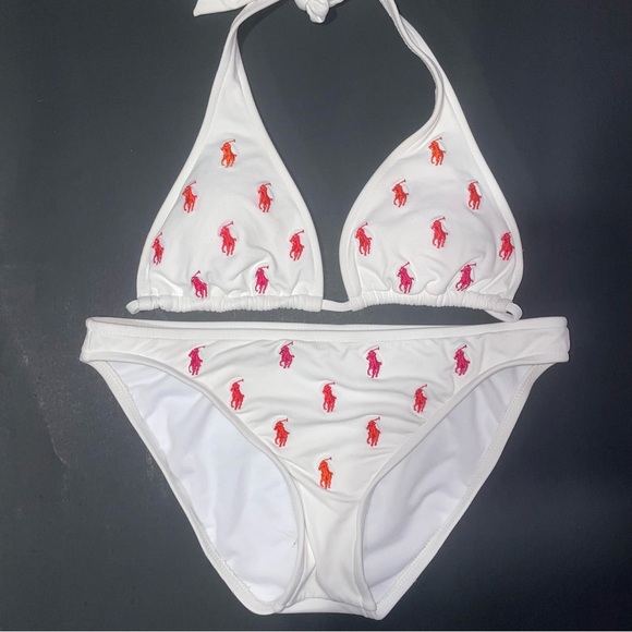 Polo Ralph Lauren Logo Embroidered Two Piece Bikini Women S White Pink - Picture 1 of 8
